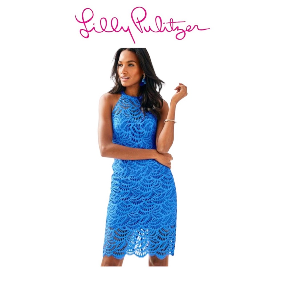 NWT $238 Lilly Pulitzer Kenna Halter Shift Dress Bennett Blue Fan Lace Size 0